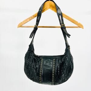 Vintage 90s Cole Haan Village Weave Black Leather Woven Grommet Hobo Bag